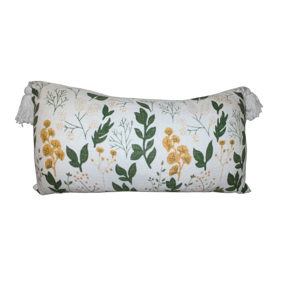 Decorative Botanical Throw Pillow‎ 22.5x12  Green & Gold with Tasse